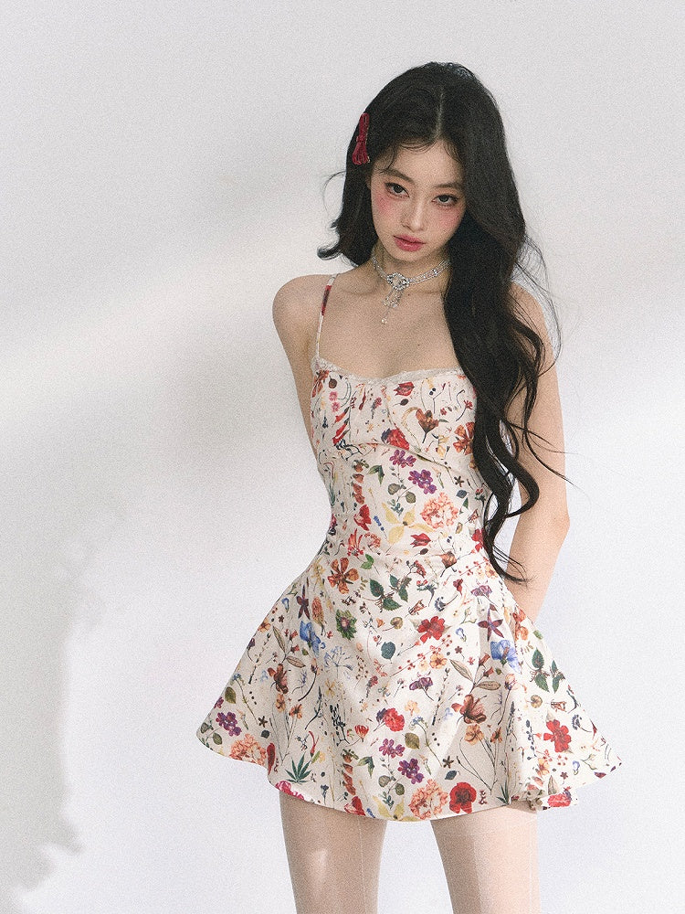 Beige Floral Print Holiday Cami Dress Long/Short Version