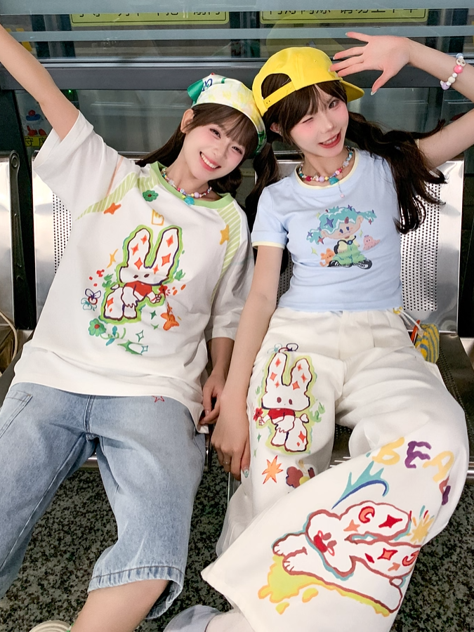 Cartoon Bunny Print White Round Neck Loose T-shirt
