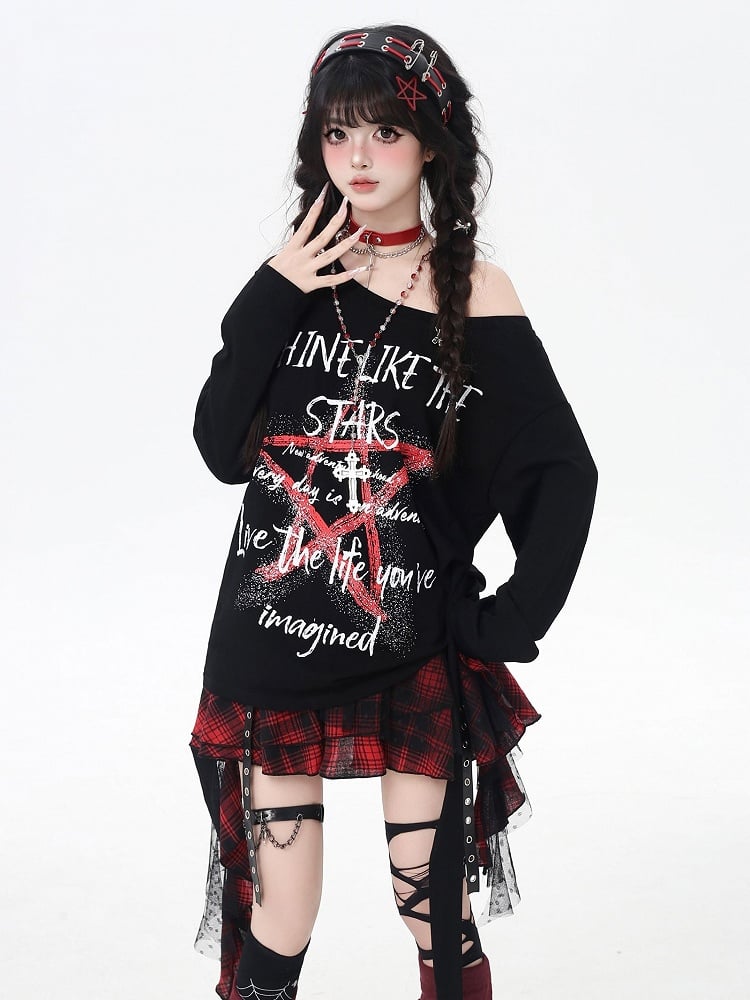 Top Schwarz Asymmetrischer Ausschnitt Star Graffiti Print Lose