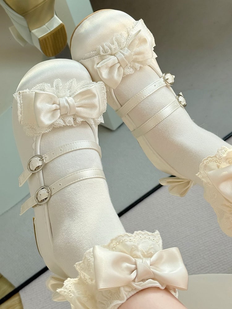 Sweet Janes Double with Mary Satin-Finish Lace Ruffled White Bow PU Lolita Buckles -