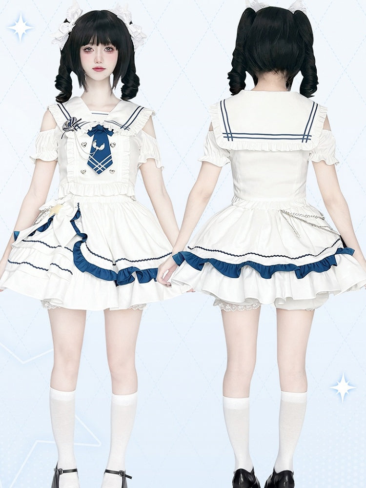 Shoulder Top Cutout Skirt White with Tiered and Sailor Collar