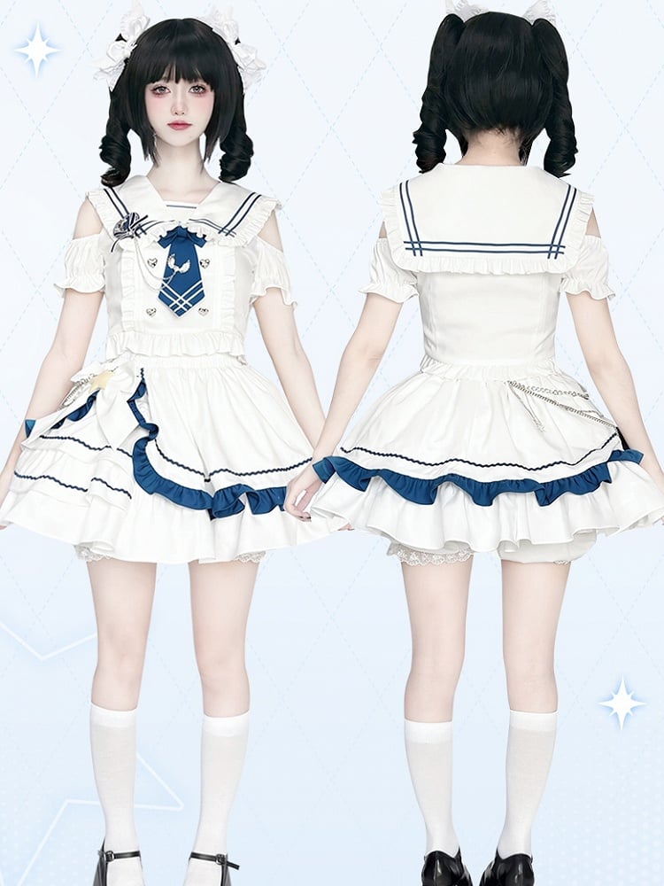 with Tiered Sailor Collar Cutout Shoulder Top Skirt White and