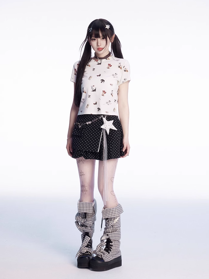 Dot Thigh-Length Skirt Black Polka