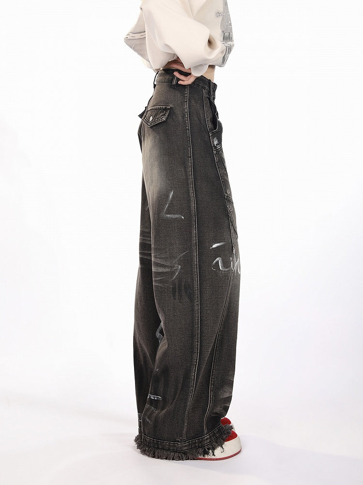 Black Closure Lines Visible Zipper Tie-Dye Graffiti Wide-Leg Jeans with Flowing