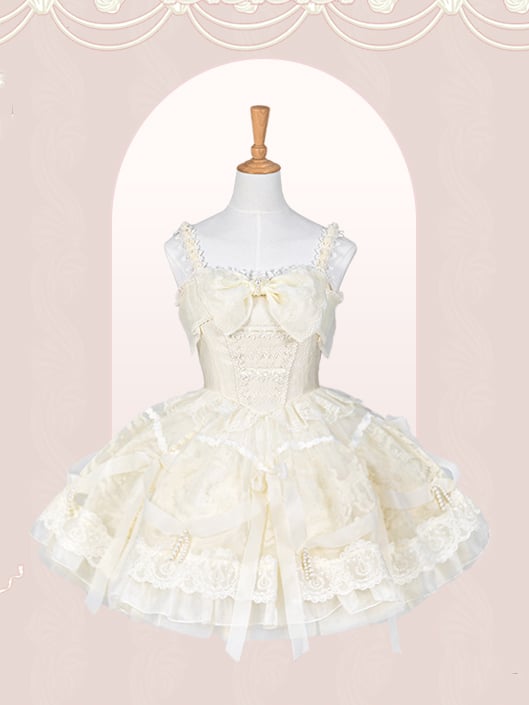 Dress Princess Lolita White Waist on and Ribbon Bows Beads Basque Skirt Creamy