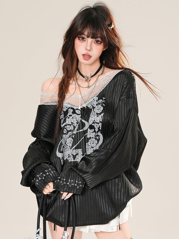 Print Trim Sleeves Bittersweet Black Long Floral Glamorous Blokette Striped Core Top Lace