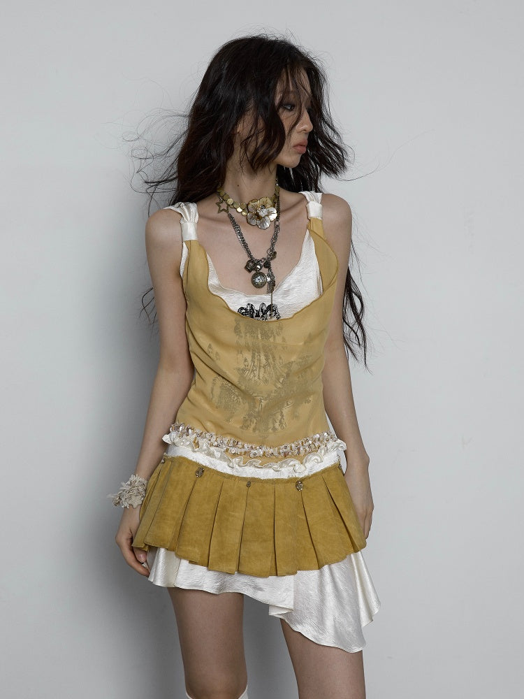 ラインストーンイエローボックスプリーツスカートフェイクドレスセット