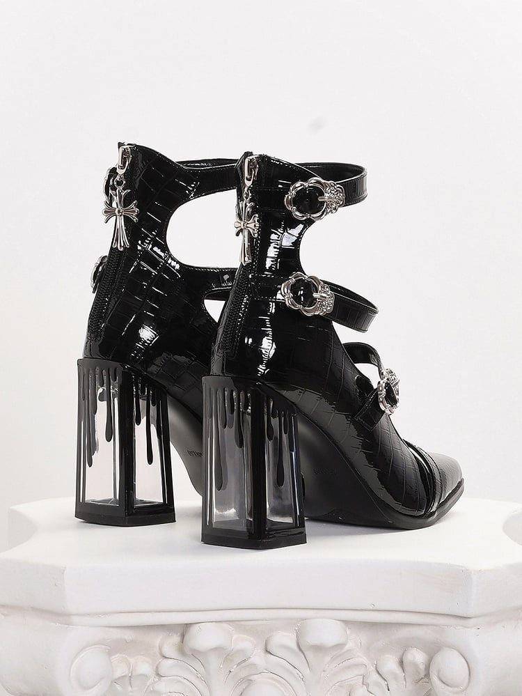 Polished Black Gothic Crocodile Buckle Straps Blood Drip High Block Heels