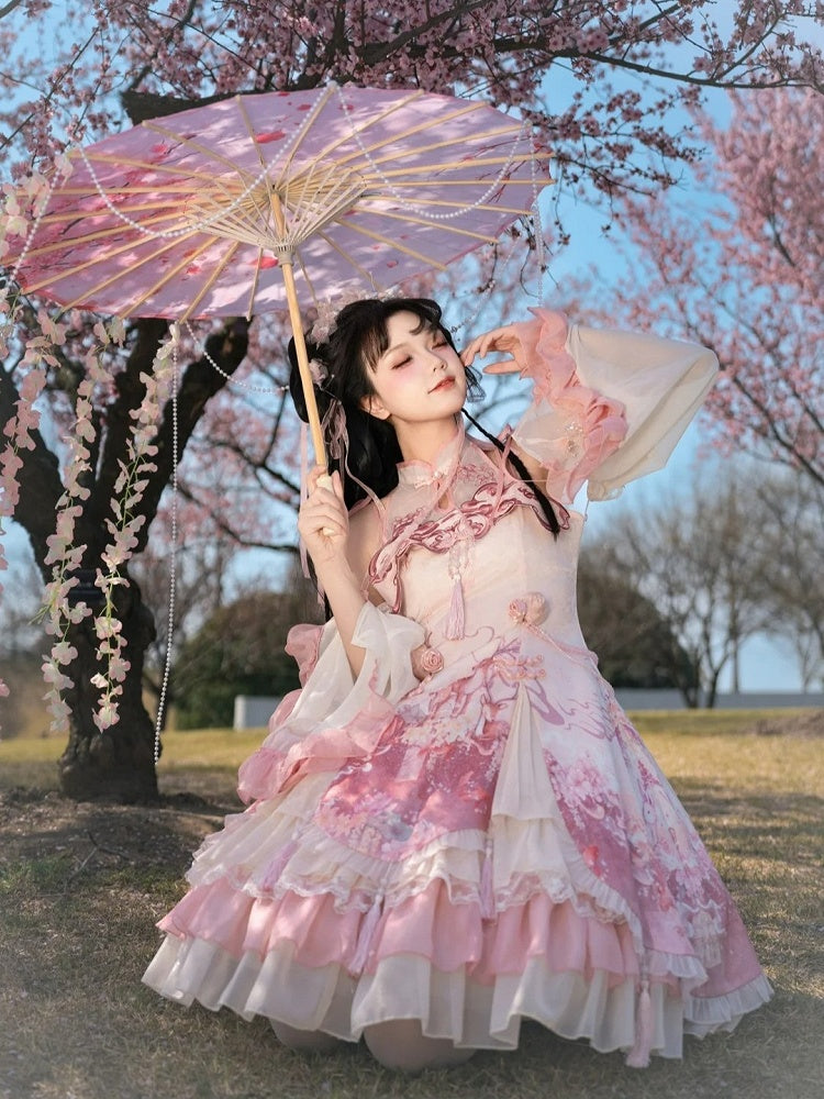 Dress Qi Cheongsam Sakura Skirt Lolita Print Jumper Pink Style
