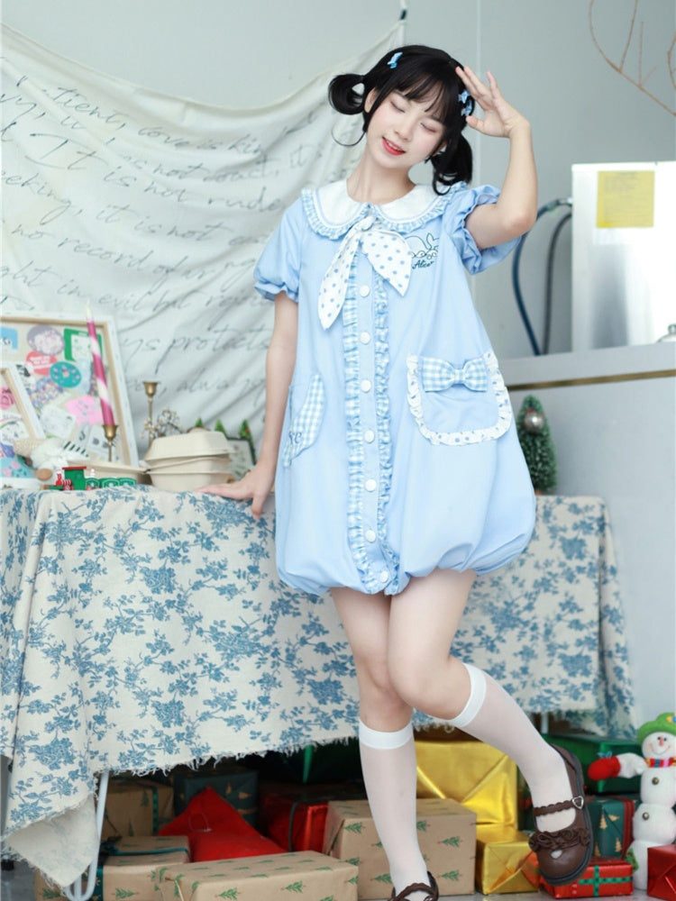 Blaues Kleid mit Peter-Pan-Kragen, Walmuster und Schleifen