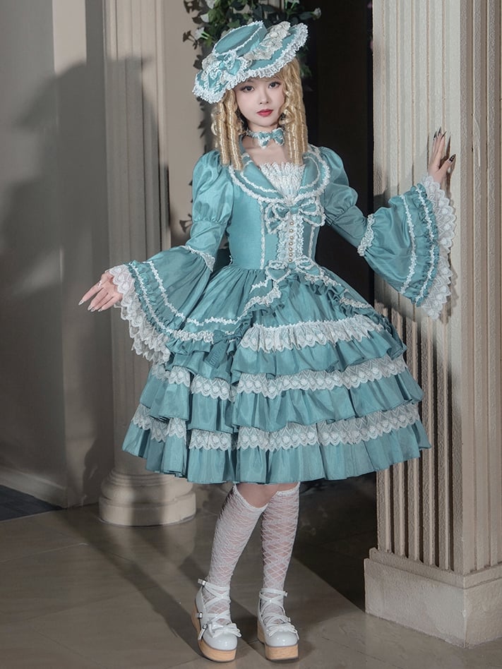 Türkisgrünes Lolita-Kleid mit Stufenrock und langen Ärmeln