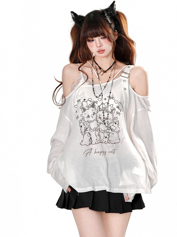 Black/White Kitties Print Asymmetrical Neckline Semi-sheer Long Sleeves Top