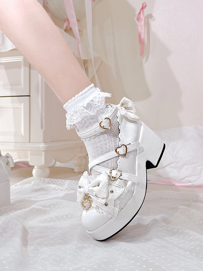 Block Platform White at Top Shoes Buckles Bow Heart Heels Jirai Kei Crisscross Design High