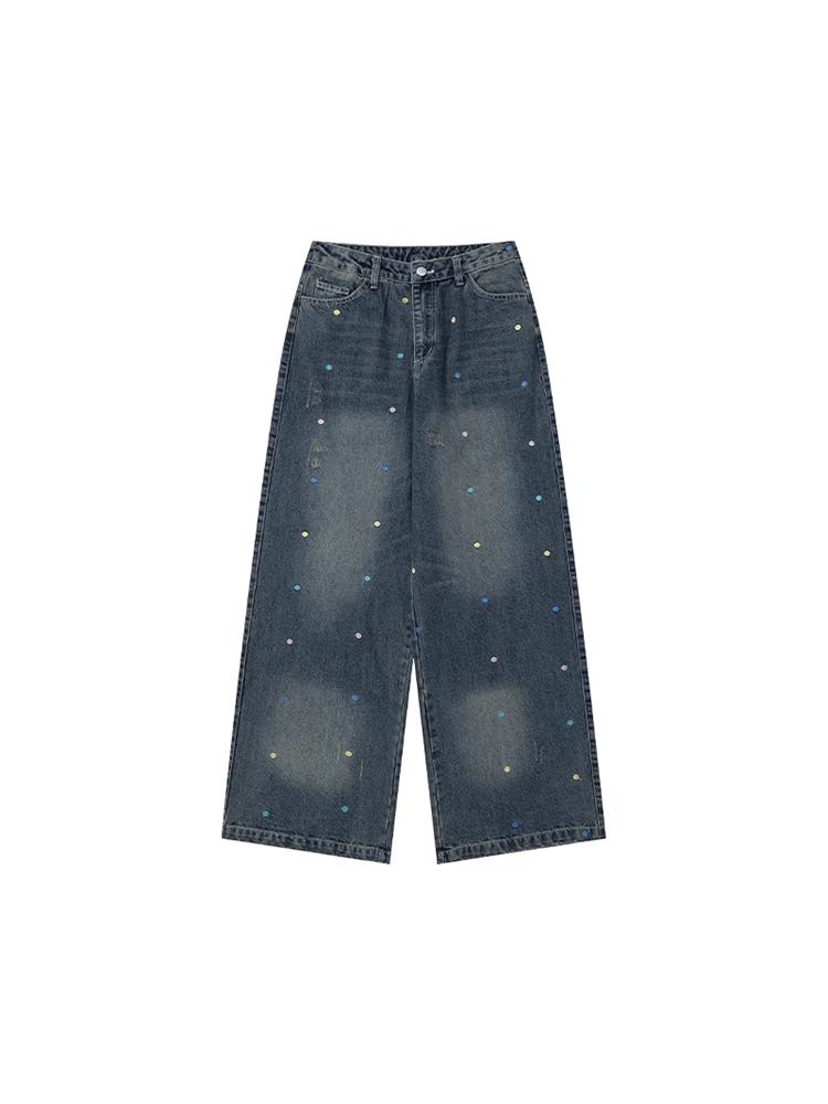 Colorful Polka-dot Pattern Dark Blue Distressed Wide-Leg Jeans