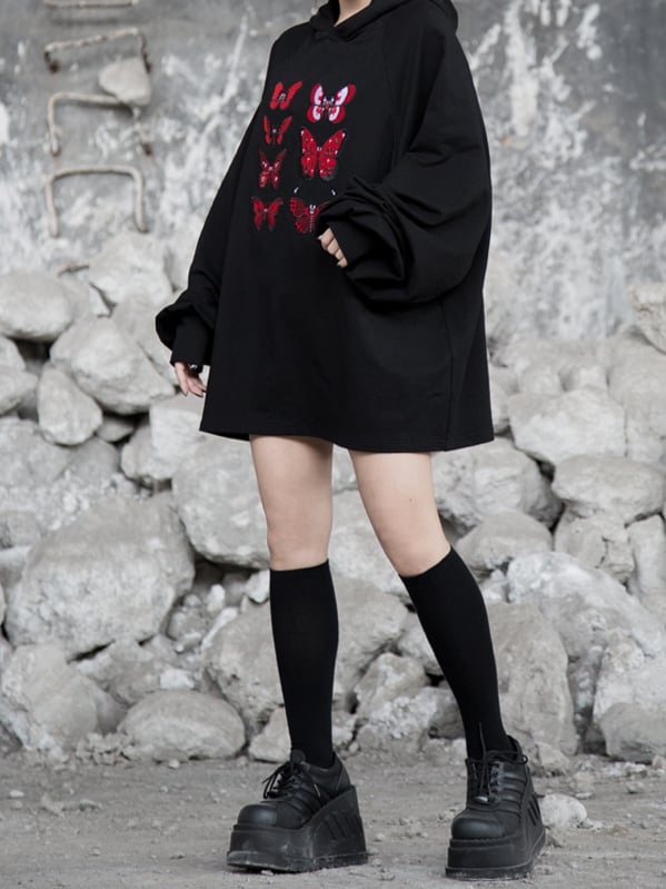 Flock Butterfly Dark Stickerei mit Loose Delicate Romance Gothic Red Hoodie Schwarz