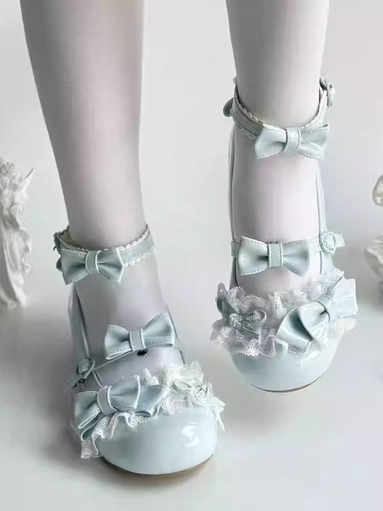 Lolita - Schnallen-Schleifendetails Jane Low Lace Schuhe Herzförmige Mary mit und blauem Absatz Süß