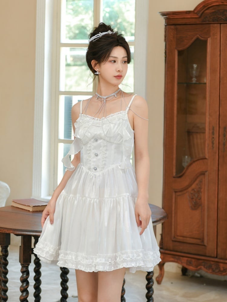 and Train White Satin Dress with Detachable Shiro Lolita Sleeves Balloon