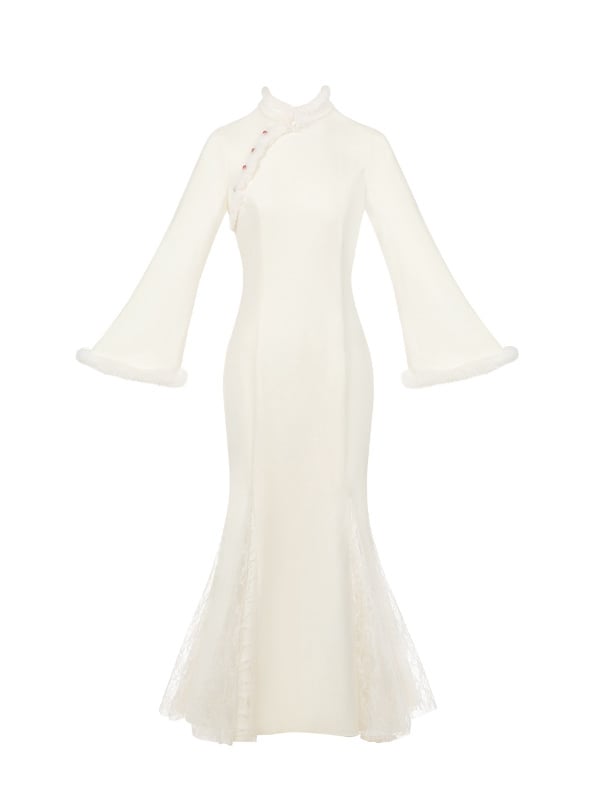 Off White Plush Trimmed Cheongsam Collar and Cuffs Mermaid Skirt Qipao