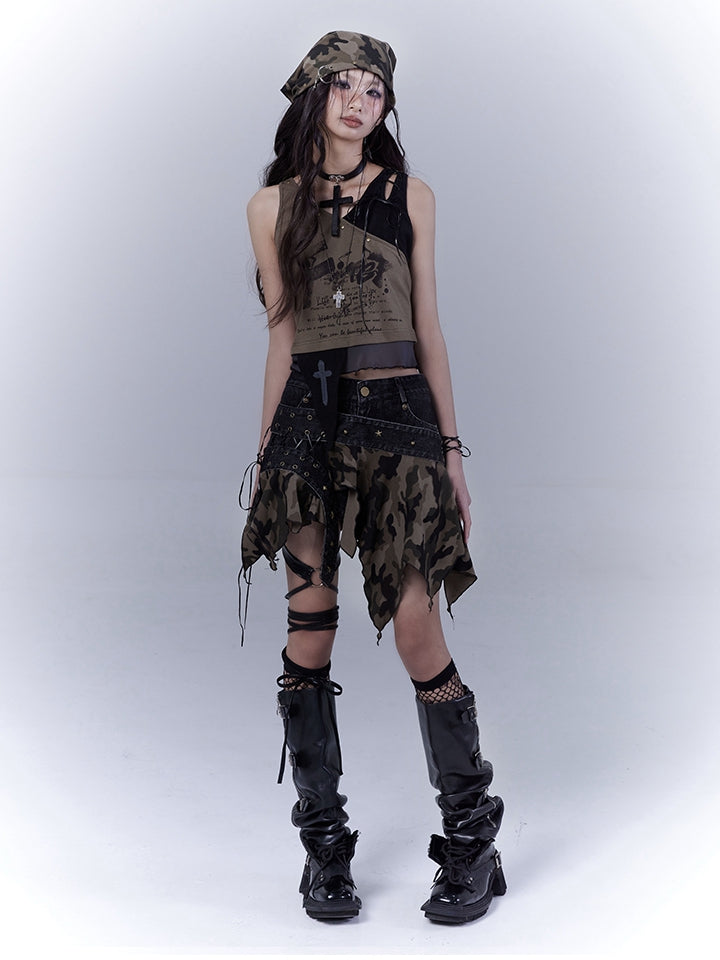 Grünes, geschnürtes Schulter- und asymmetrisches Saum-Tanktop Wasteland Punk Army