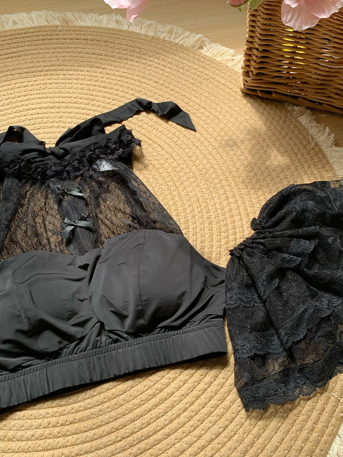 Sleeves Detachable Halter Lace Top Black with Neck Flutter Cropped