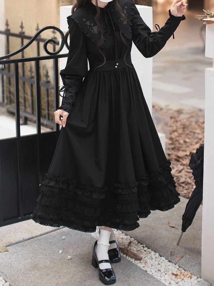 Blumenkragen, Vintage-Manschetten, Kleid mit Schnürärmeln, Hammelkeule mit schwarzer Stickerei