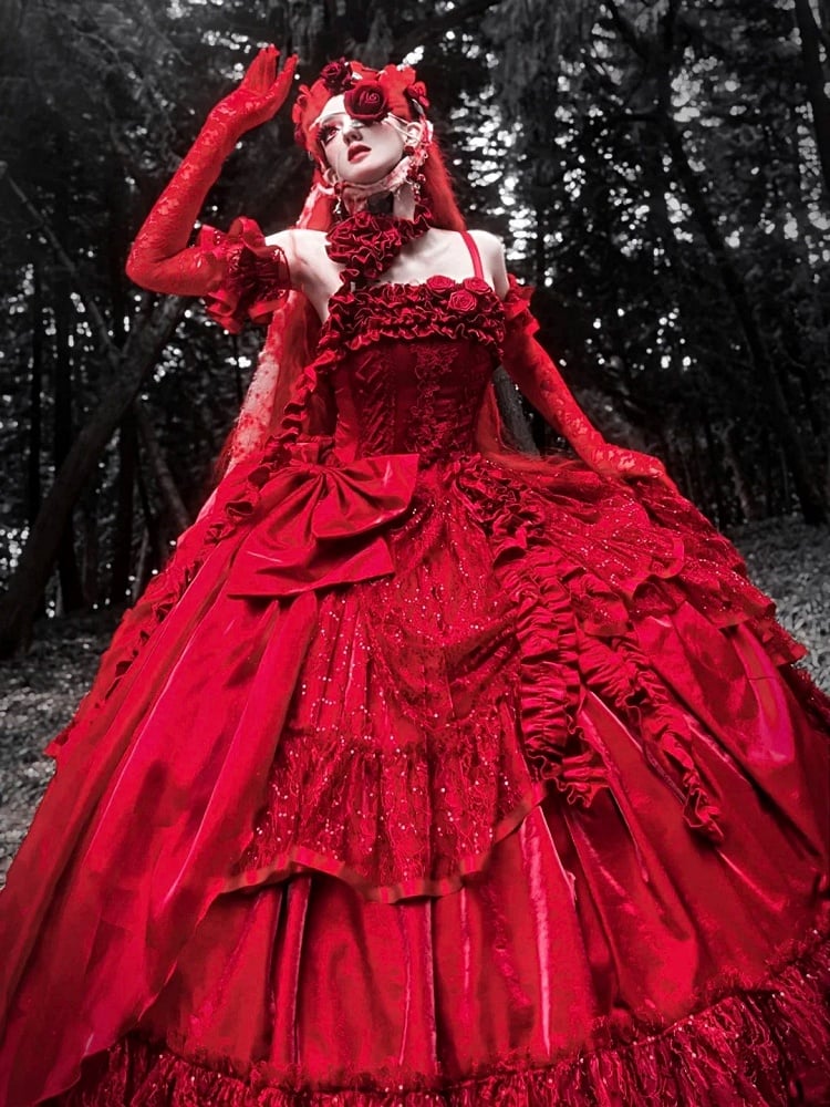 Hanayome Waist Boned Floor Corset Length Gown Hime Dress Red Ball Lolita