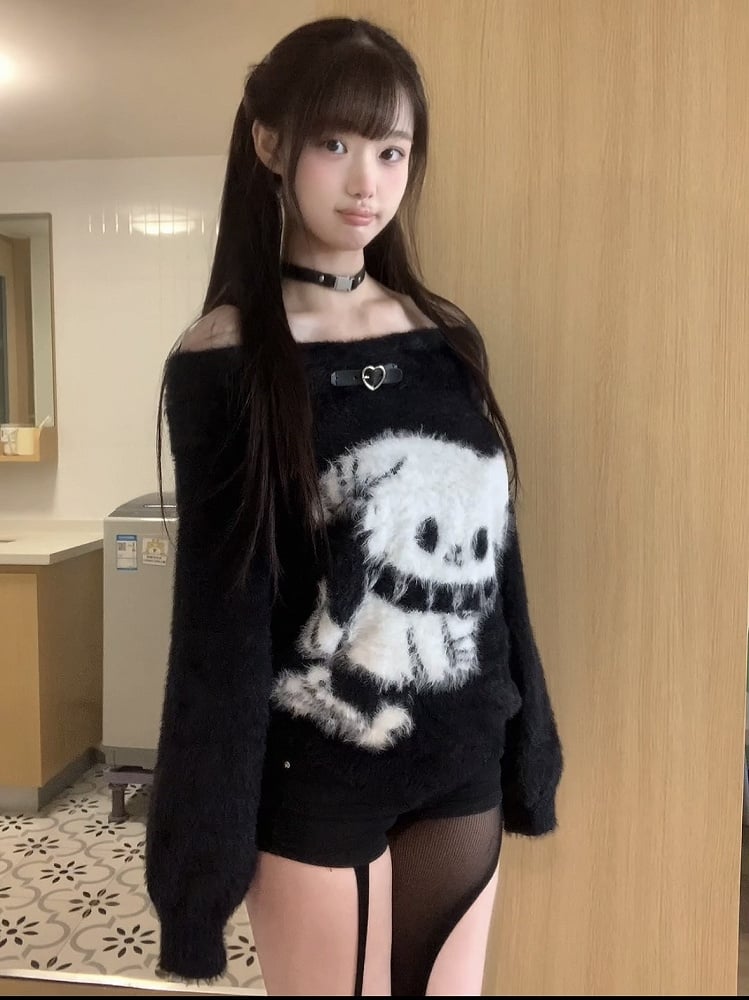Off-Shoulder Plush Puppy Sweater with Sweetheart Buckle Adorable Black