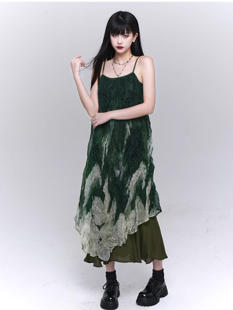 Robe à bretelles spaghetti à volants et ourlet asymétrique vert dégradé
