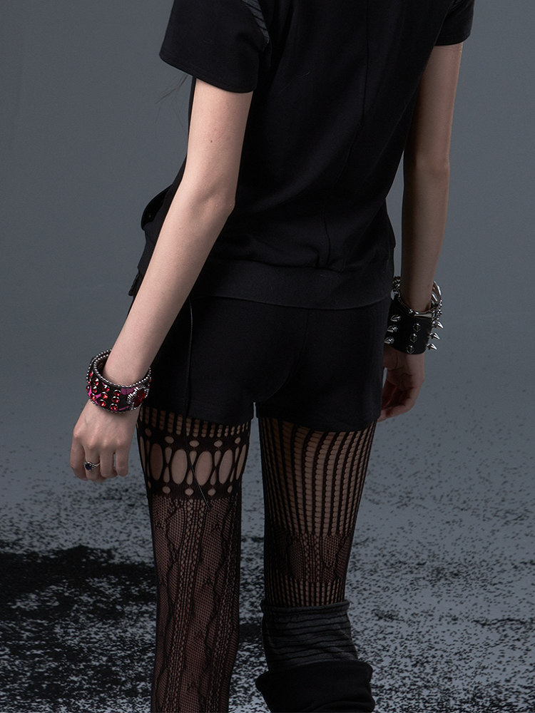 Low-Rise Black Punk Knit Shorts With Vintage Star Stripes Hand-Sewn Details