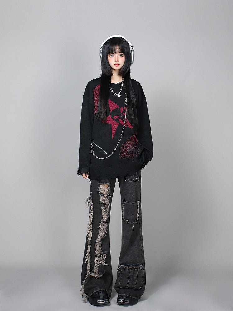 and Black/Gray Distressed Knit Sweater with Zipper Chain Detail