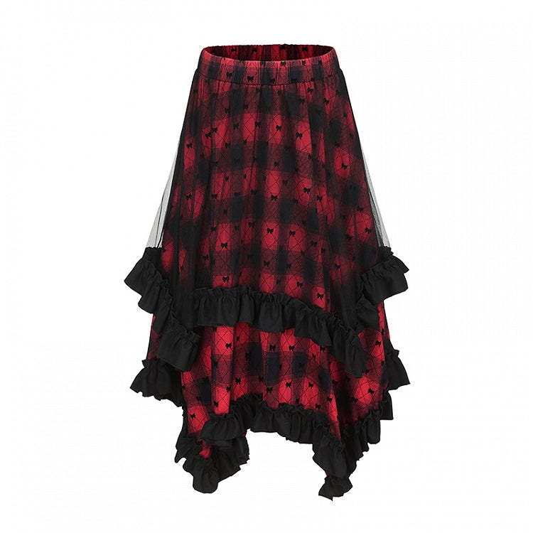 Red Plaid Pattern Asymmetrical Ruffled Hem Skirt Y2K