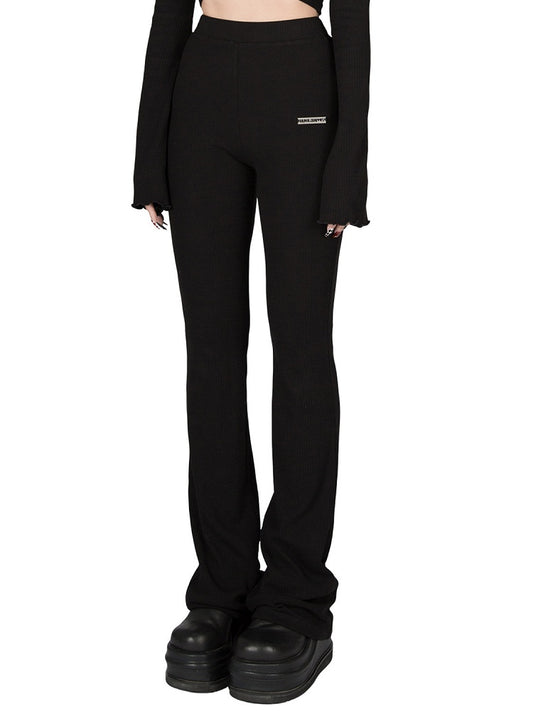 Knit Pants Stretchy High-Waisted - Flared Figure-Flattering Black