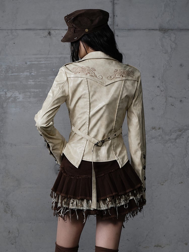 Yellow Belt Rose Jacket with Punk Buckle Embroidery Cropped Tailored Khaki