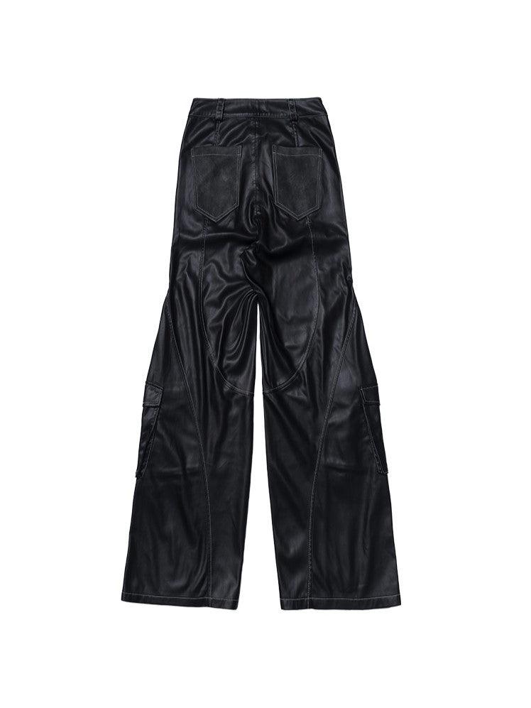 Black PU Punk Cargo Pants With Adjustable Metal Straps