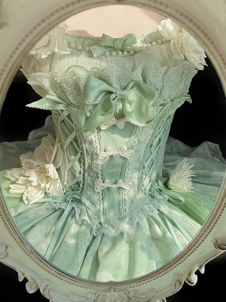 Green Top Frog Buttons Print Corset Skirt + and Jasmine-Embellished Floral Waist Lolita