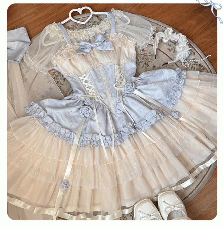 Beige Corset Waist Big JSK Lace-up Sweet Lolita Balletcore Dress Train Bow and with Blue