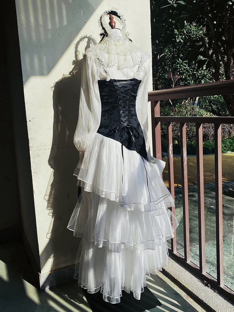 Classic JSK Elegant Layered Full Tulle Slim Bodice Jacquard Hem White Lolita Black Fit Floral Set