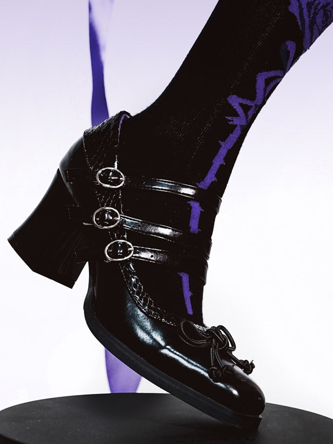 Square Accent Toe Gothic - 6.5cm Heels Bow PU Black Lolita Block Knotted