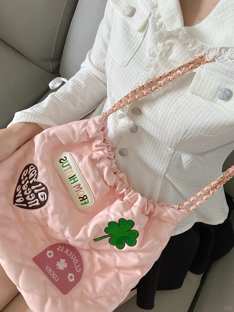Sweet Pink Diamond Bag With Clover And Letter Embroidery Quilted Drawstring Shoulder
