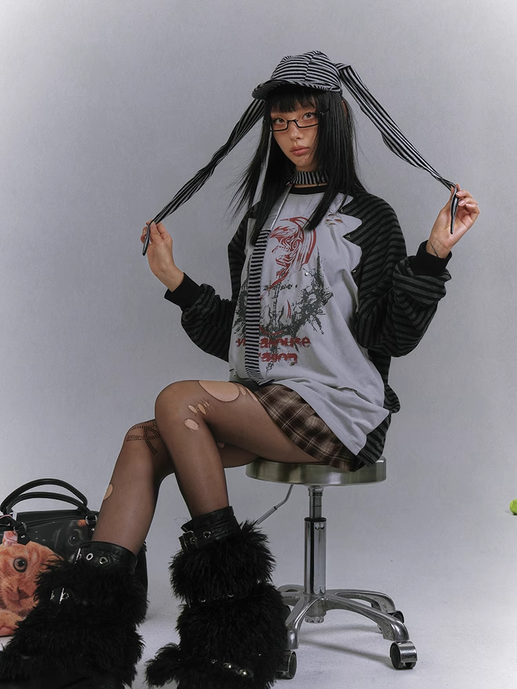 and Colorblock Long Sleeves Striped with Black and Gray Top Punk Print Design