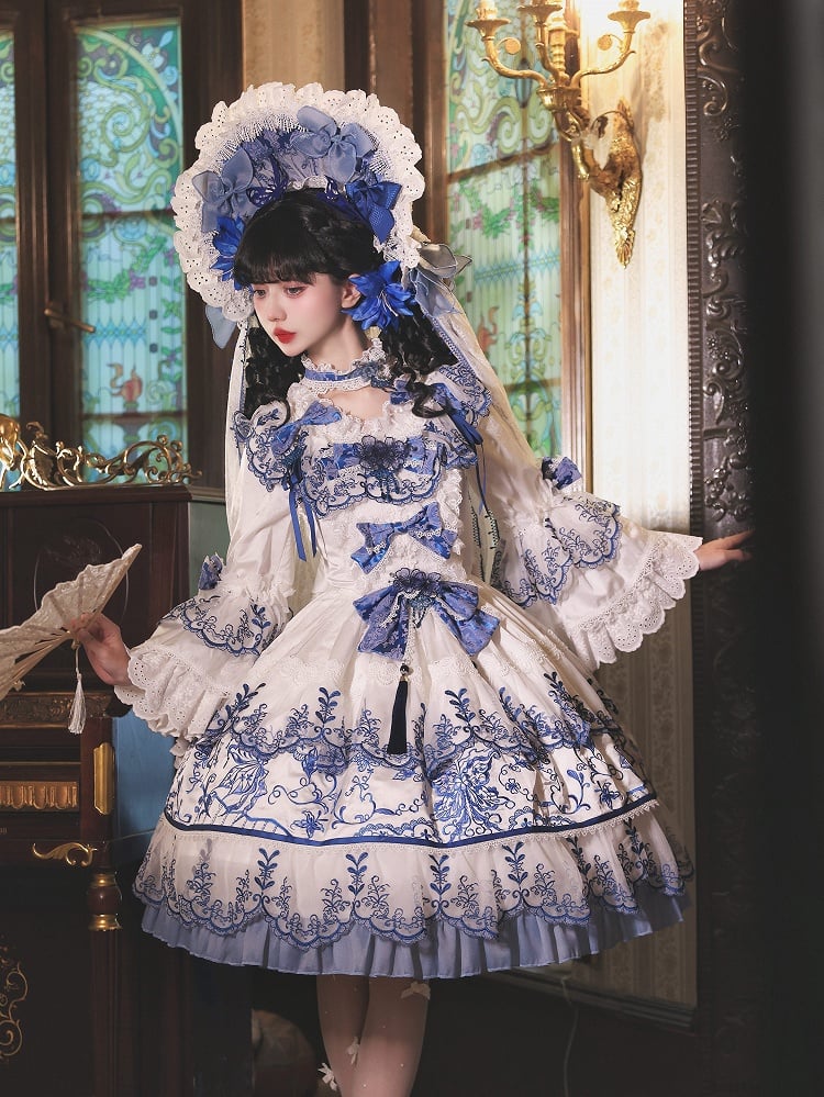 und Stoff Schmetterling Weiß Chinoiserie Blau Porzellan Stickerei