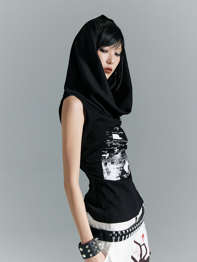 With White Print Black Knit Hooded Tank Top Letter