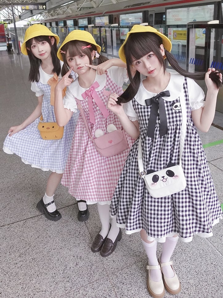 Pink Strawberry Peter Pan Collar Plaid Short Puff Sleeves Dress