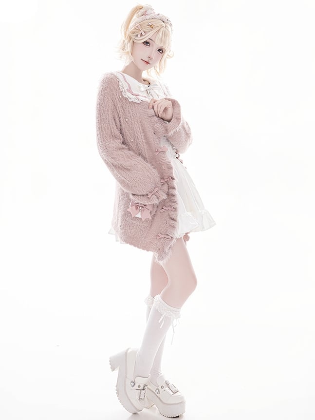 Jirai Kei – Weiche Strickjacke im Landminenstil mit staubigem Rosa und Schleifenakzenten