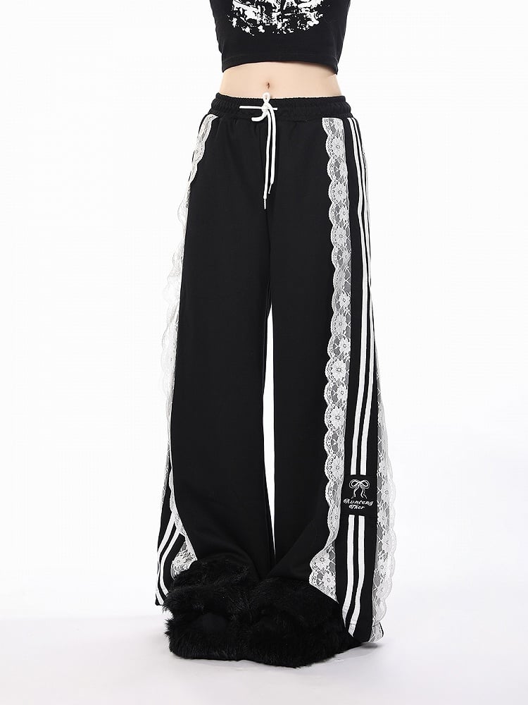 White/Black/Blue Wide-Leg Pants with Lace Trim and Bow Embroidery