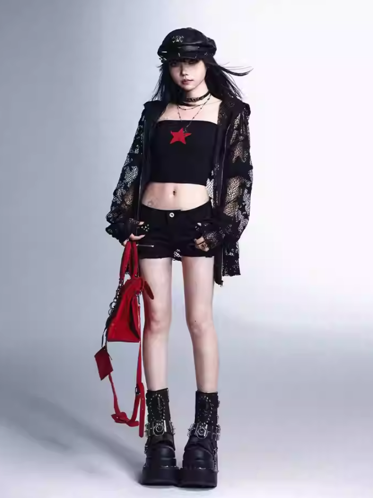 Glamorous Vintage Black Slim-fitting Bustier Top Red Star Print Cropped