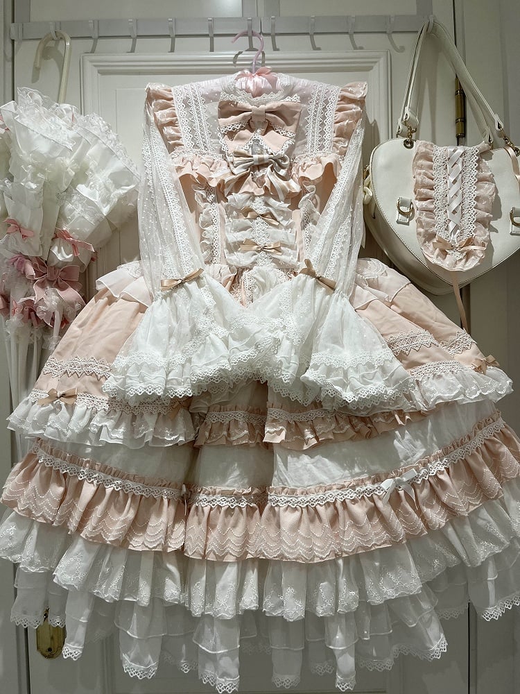 Piece Pink Bowknots Skirt Hime Lolita Dress Sweet Bell Sleeves Layered Bodice on One