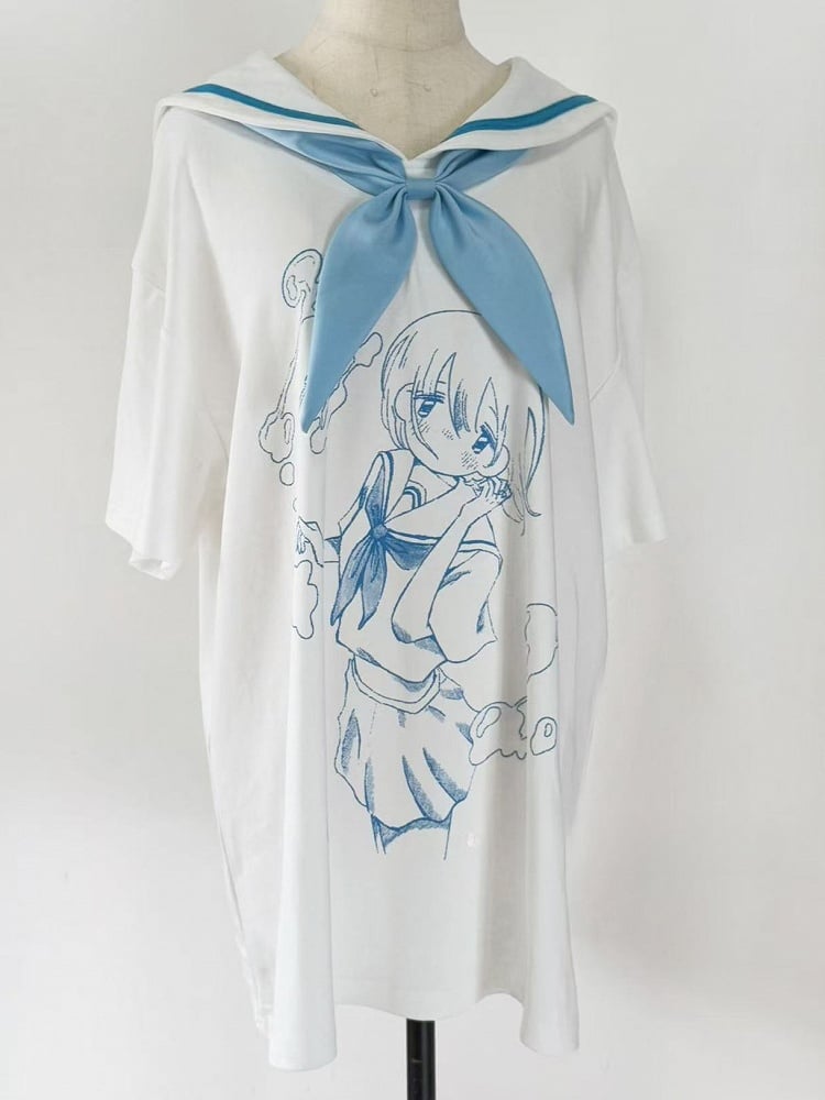 Mit Tenshi Fliege Cartoon Krawatte T-Shirt Kragen Blau Sailor WeißBlau Kaiwai Druck