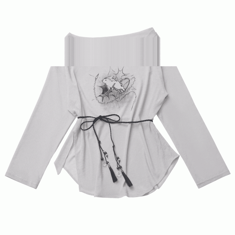 Three Set Strap Bunny Print Coverup+Cami Top +Self-tie Gray Off-the-shoulder Pieces