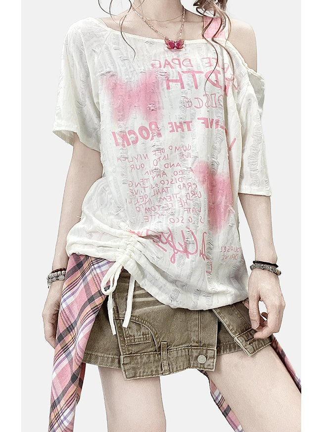 Asymmetrisches Y2K Bittersweet Neckline Letter Butterfly T-Shirt Off-White und Print